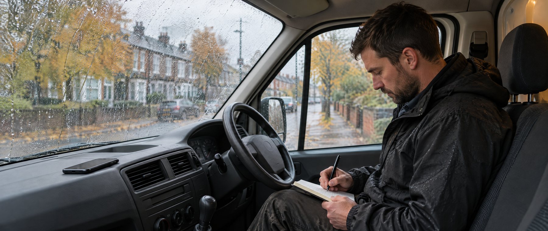 A landscaper writing in a notebook in his van while rain runs down the windscreen